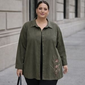 Penningtons Plus Size Olive Faux Suede Embroidered Button-Front Jacket |